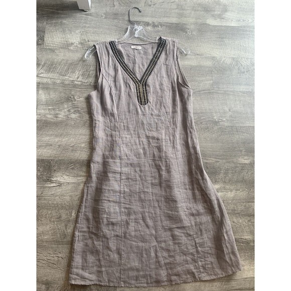 Lina Tomei Italy 100% Linen Dress Embellished Neck Gray Size Small - Picture 10 of 14